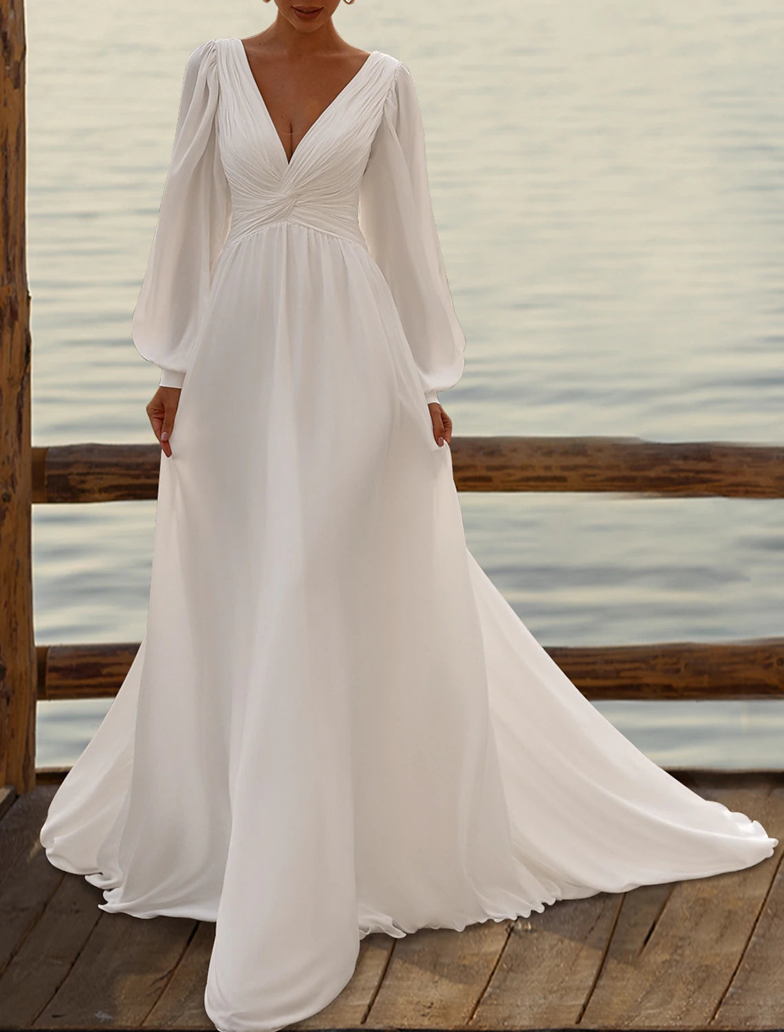 Wholesale Simple Wedding Dresses Wedding Dresses A-Line Camisole Sleeveless Tea Length Chiffon Bridal Gowns With Pleats Solid Color